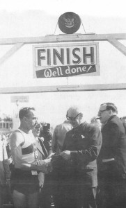 1953.9 Prizegiving when Wally came 1st in the London to Brighton race. On 26 September 1953, at 45 years of age, Wally Hayward shattered the 80 Km London-to-Brighton record by 22:42, winning in 5:29:40. He also established his first World record for 50 miles (5:14:12) along the way.