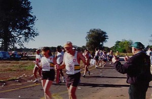 1997 Wally thumbs up to encourage Wally Hayward Marathon runners